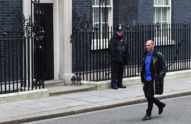 Greece's finance minister Yanis Varoufakis visiting Downing Street. Source: The Independent